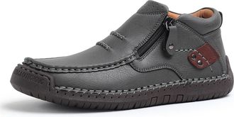 Generic Mens Casual Leather Shoes Ankle Chukka Boots Handmade Side Zipper Mid top Slip On Loafers Fashion Lightweight Walking Driving High Boots (Grey Plush,1