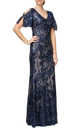Alex Evenings Sequin Lace Cold Shoulder Trumpet Evening Gown in Navy/Nude at Nordstrom, Size 14P