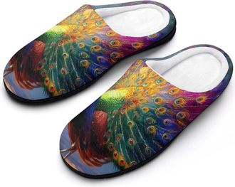 Generic Majestic Peacock Mens House Slippers Memory Foam Washable Cotton Slip on Home Shoes