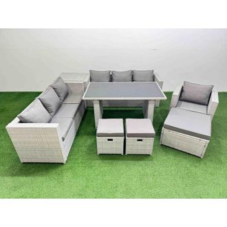 Fimous Patio Garden Furniture Sets with Black Glass Top Dining Table 3 Seater Sofa Armchair Side Table 3 Stool Light Grey - Fimous