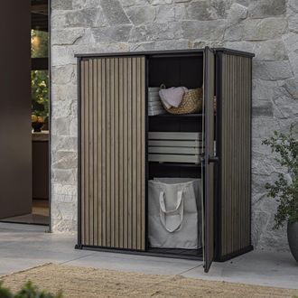 Dmora Armario Exterior Langdon, Mueble Jard&iacute;n Cajones, 2 Estantes, Puerta Abatible, 140x74x170h Cm Roble Marr&oacute;n