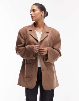 Asos Blazer oversize accollato beige in camoscio sintetico-Neutro