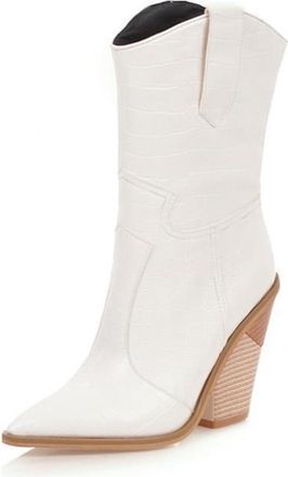 Generic Womens Winter Chunky Heel High Heel Mid Calf Boots 8cm Geometric Heel Sexy Ankle Boots With Fish Scale PU Upper(White,10.5)