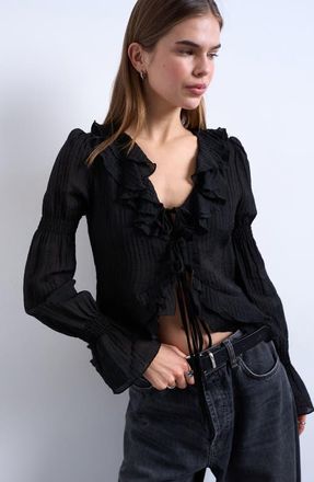 Topshop Ruffle Tie Front Long Sleeve Crop Top in Black at Nordstrom, Size 10 Us
