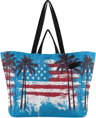 Generic Usa Black Palms Flah pattern Reusable Canvas Tote Bag, Heavy Duty Grocery Shopping Bag with Large Capacity Hard Bottom Double Handles Work Groceries T