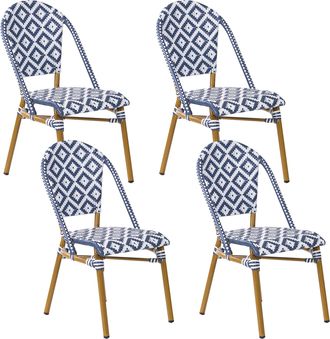 Beliani Conjunto De 4 Sillas De Jard&iacute;n Asiento De Rat&aacute;n Azul Y Negro Marco De Aluminio Conjunto De Interior Y Exterior Rifreddo