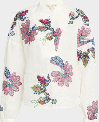 Maison Common Floral Embroidered Linen V-Front Blouse