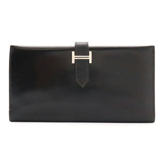 Herm&egrave;s Black Box Calf Leather Long Wallet (Bi-Fold) (Pre-Owned)