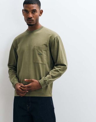 HUF T-shirt pesante a maniche lunghe con tasca, verde oliva