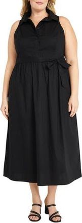 Maggy London Tie Waist Sleeveless Stretch Poplin Shirtdress in Black at Nordstrom Rack, Size 14W