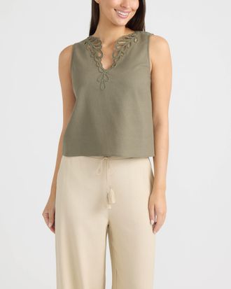 Ellen Tracy Womens Embroidered V-Neck Top