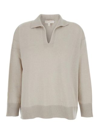 Antonelli Augusto Beige Sweater With V Neck And Ribbed Trims In Wool Woman