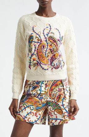 Etro Embroidered Crop Cotton Blend Sweater in Ivory at Nordstrom, Size 10 Us