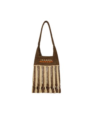 Isabel Marant Handwoven Raffia Tote Bag with Fringe and Logo Detail