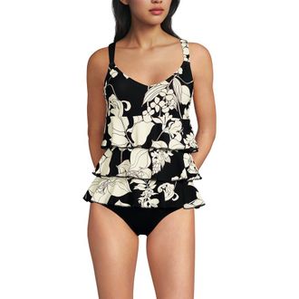 Lands End Smoothing Control Ruffle Fauxkini One Piece Swimsuit in Black/egret Lilies at Nordstrom, Size 2
