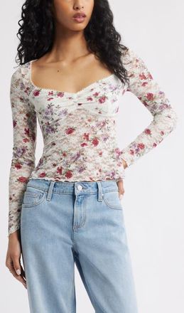 BP. Pretty Lace Top in Ivory- Red Ikat Floral at Nordstrom, Size X-Large