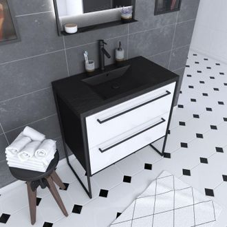 Aurlane Aurlane - Mueble Ba&ntilde;o 80x50 Negro Mate - 2 Cajones Blancos - Lavabo Negro Piedra