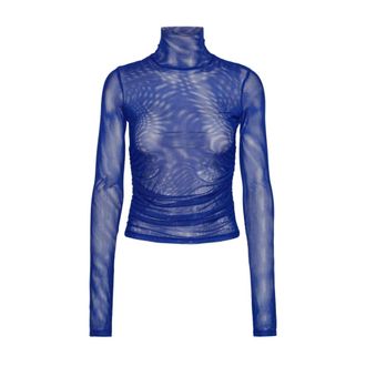Rotate ROTATE Birger Christensen, Long Sleeve Tops, female, Blue, Size: S Mesh Ruched High-Neck Top