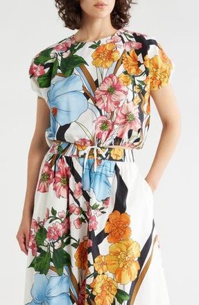 T Tahari Short Sleeve Tie Waist Crop Top in White Floral Swirl Print at Nordstrom Rack, Size X-Large