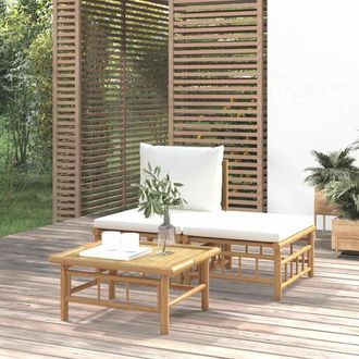 vidaXL Set De Muebles De Jard&iacute;n 3 Piezas Bamb&uacute; Y Cojines Blanco Crema Vidaxl
