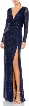 Mac Duggal Sequin Long Sleeve Gown With Plunging Neckline In Midnight Navy