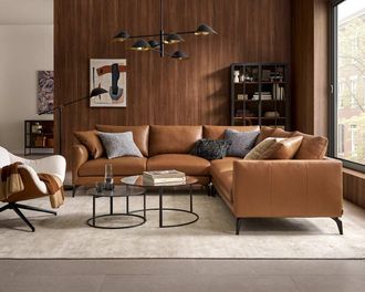 Castlery Lena Leather L-Shape Sectional Sofa, Cocoa American Top Grain Leather, Matte Black Legs