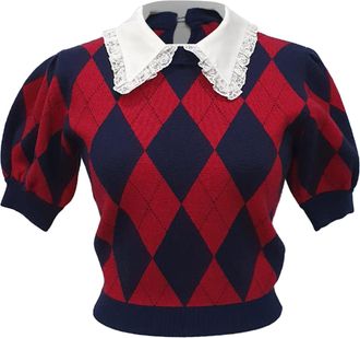 Alessandra Rich Argyle Short Sleeve Knit Top in Multicolor Viscose