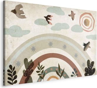 OEM Pintura - Arco&iacute;ris Y El Sol Arriba - P&aacute;jaros En Colores Apagados Volando Entre Las Nubes Sobre El Arco&iacute;ris Y Diversas Plantas Sobre Un Fondo Claro / P