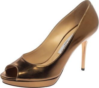 Jimmy Choo London Metallic Gold Patent Leather Dahlia Peep Toe Platform Pumps