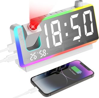 OEM Reloj Despertador Con Proyector De Techo, Pantalla Led Grande De 7 Pulgadas, Luz Nocturna Rgb De 8 Modos, Proyector De 180&deg;, Doble Alarma, Funci&oacute;n De 