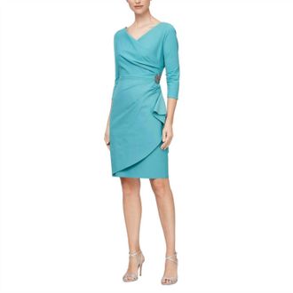 Alex Evenings Quarter Sleeves Surplice Bodice Sheath Dress In Teal