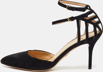Charlotte Olympia Black Suede Pointed Toe Ankle Strap Pumps