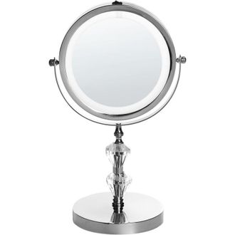 Beliani Espejo De Maquillaje Iluminaci&oacute;n Led Metal Plateado &Oslash; 20 Cm Doble Cara Magnifica Laon