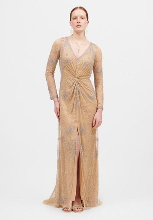 Beauut Embellished Sequin Beaded Maxi Dress With V-Neck in Taupe Blush at Nordstrom, Size 12