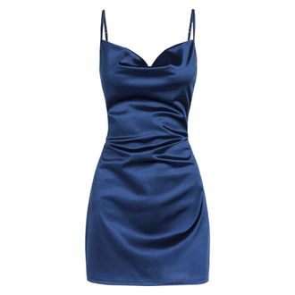 Generic Ladies Summer Satin Dress Wrap Bodycon Strappy Mini Sexy Party Evening Cocktail Womens Sleeveless Spaghetti Night Club Holiday Dresses Blue