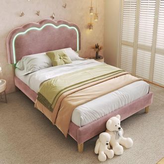 Matteo Velvet Upholstered Single Bed Frame with LED & Adjustable Headboard in Pink