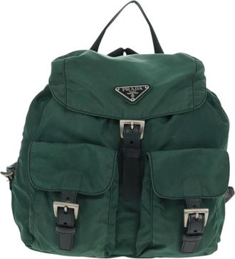 Prada Vela Double Front Pocket Backpack Tessuto With Saffiano Leather Green Nylon Backpack Bag (Pre-Owned)