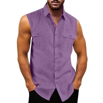 Generic Mens Sleeveless Cotton: Sports Top Mens Breathable Casual Shirt with Buttons and Pocket Summer Shirt Plain Denim Shirt Lightweight Button Down Breatha
