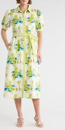 Flying Tomato Tropical Print Short Sleeve Cotton Shirtdress in Off White/Green at Nordstrom Rack, Size X-Large
