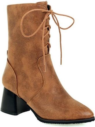 Generic Womens Mid-Calf Lace Up Boots PU Leather Denim Herringbone Block Heels Comfortable Non Slip Durable for Daily Wear Street Fashion Party,Brown,9.5 UK