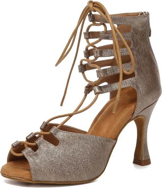 Minitoo Lace up Dance Heels for Women Sommer Evening Party Ankle Sandals L645 Brown/Gold 9cm Heel UK 2.5