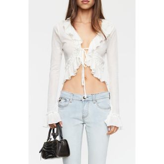 Lioness Venice Tie Front Ruffle Long Sleeve Top in Porcelain at Nordstrom, Size X-Small