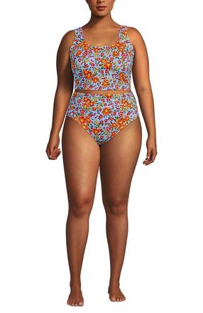 Lands End Plus Size Tugless Midkini Top and High Waisted Bottom Swimsuit Set in Blue Springside Floral at Nordstrom, Size 2X