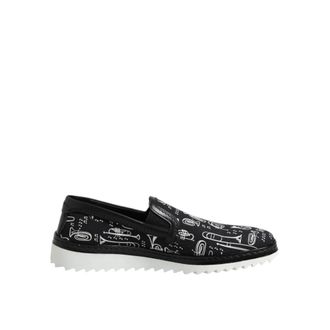 Dolce & Gabbana Gedrukte Slip-On Loafers met Logo Details - Heren - Loafers - Zwart - 42 1/2 EU - Katoen - Schoenen