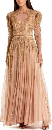 Mac Duggal Beaded Illusion Puff Sleeve Gown In Nude Gold