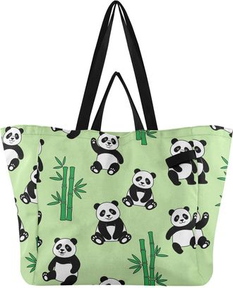 Generic Panda Green print Reusable Canvas Tote Bag, Heavy Duty Grocery Shopping Bag with Hard Bottom Double Handles Large Capacity Work Groceries Travel