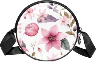 Generic Circle Crossbody Bag for Women, Floral Leaves Small Sling Bag Daypack with Zipper Adjustable Shoulder Straps Casual Ladies Girls Round Purse