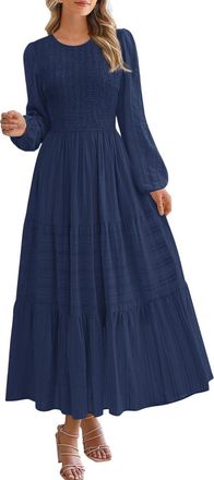 PrettyGarden Womens Long Sleeve Fall Dresses Casual Crew Neck Smocked High Waist Tiered Flowy Maxi Dress with Pockets, Navy Blue, L