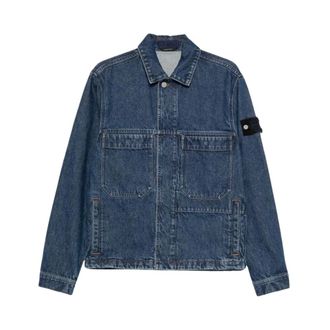 Stone Island Jassen, Heren, Blauw, S, Denim, Grainy Wash Denim Biker Jacket
