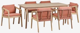 Sklum Set De Mesa Rectangular 180x90 Cm Y 6 Sillas De Jard&iacute;n En Madera De Acacia Y Cuerda Trenzada Kaela Sklum